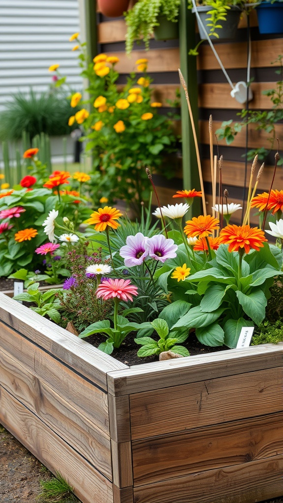 A raised garden bed made of reclaimed wood filled with colorful flowers.