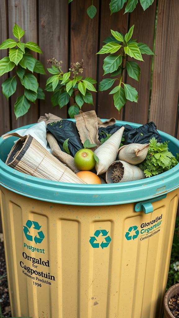 A yellow recycled plastic container filled with compost materials like fruit peels and leaves.