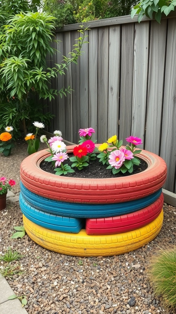 Colorful stacked tire planters with flowers in a garden setting.