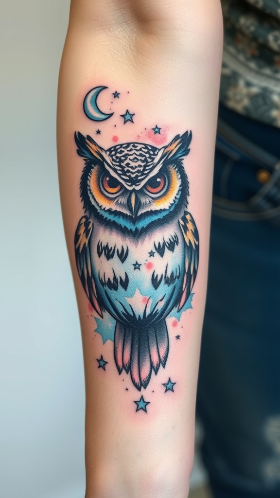 A colorful owl tattoo featuring celestial elements like a crescent moon and stars.
