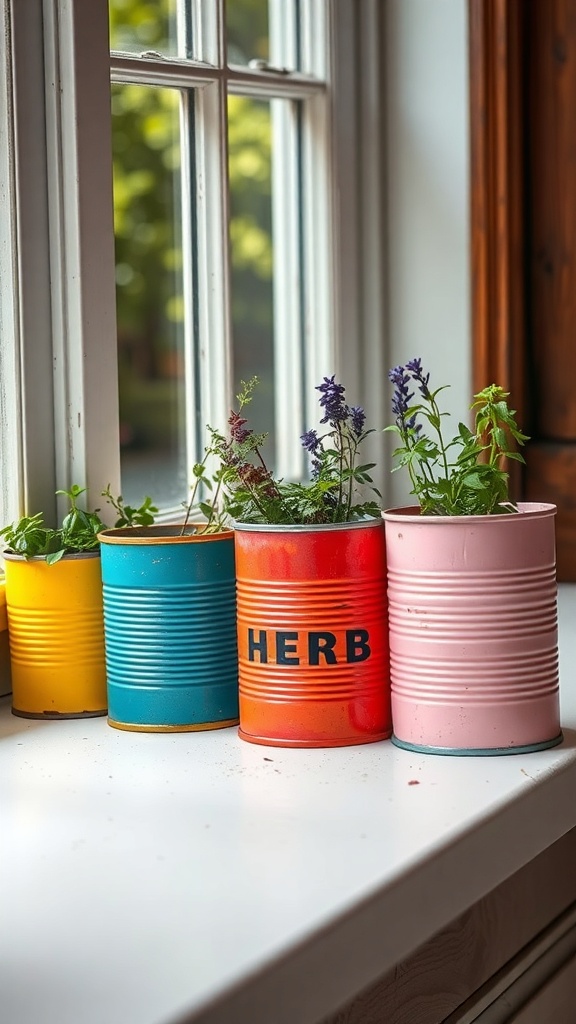 Colorful repurposed tin cans used as herb planters on a windowsill.