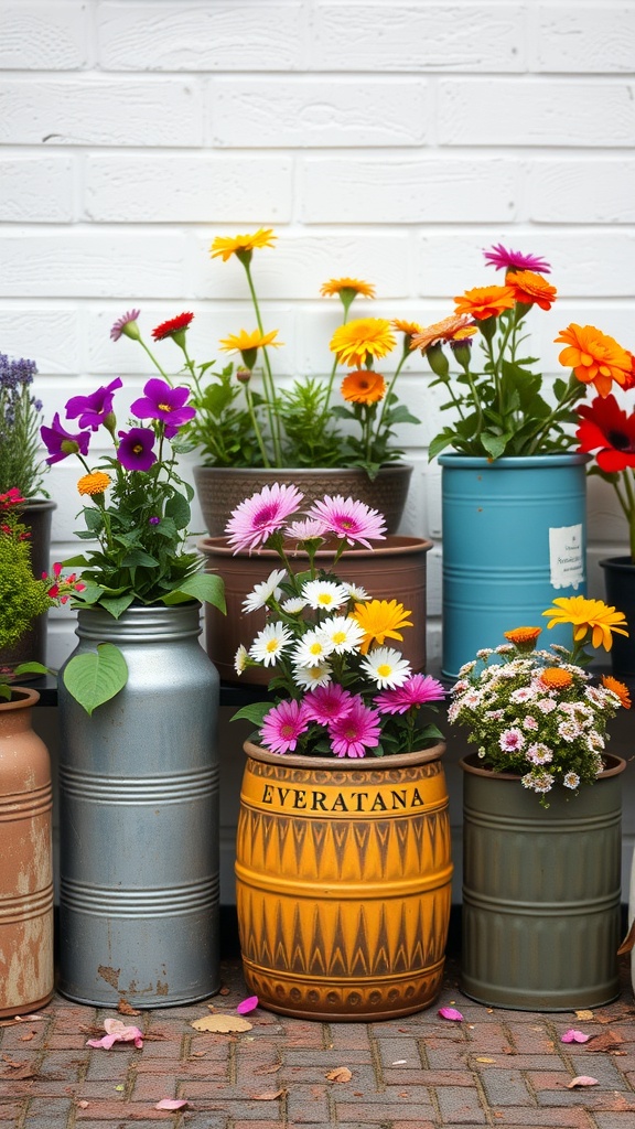 Colorful flowers in repurposed vintage containers