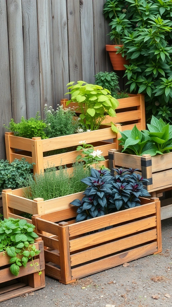 Wooden crates filled with various herbs in a garden setting.