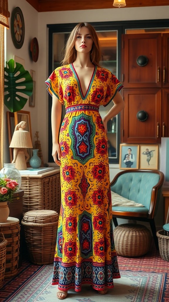 A model wearing a colorful retro 1970s maxi dress, standing in a cozy room with vintage decor.