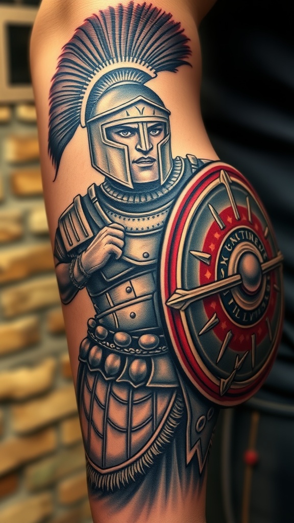 Tattoo of a Roman centurion holding a shield