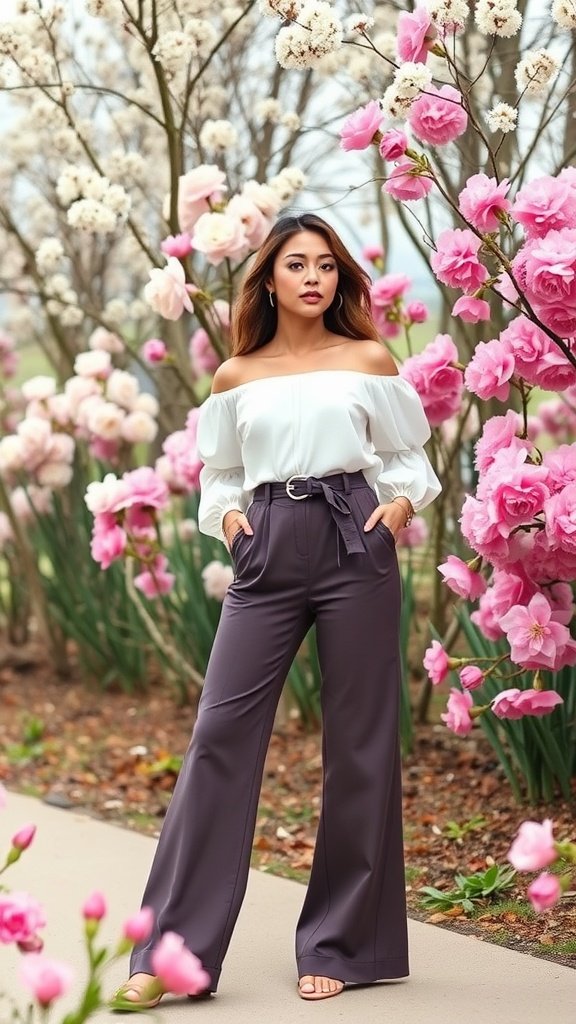 A woman in a romantic off-the-shoulder top and flared pants stands among blooming flowers.