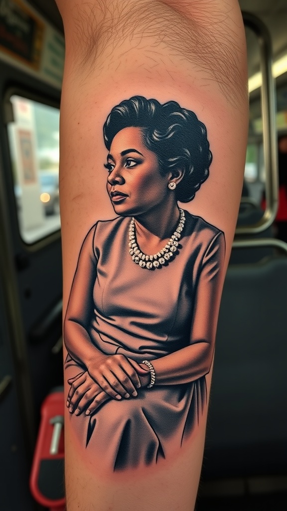 Tattoo of Rosa Parks on a person's arm, showcasing her iconic look.