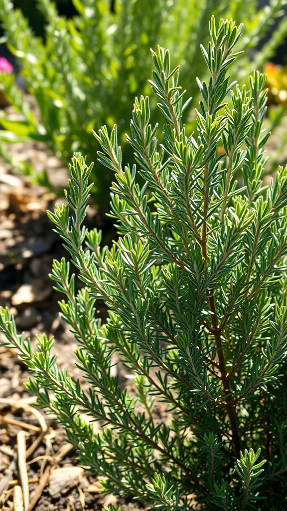 Close-up of fresh rosemary leaves growing in soil.