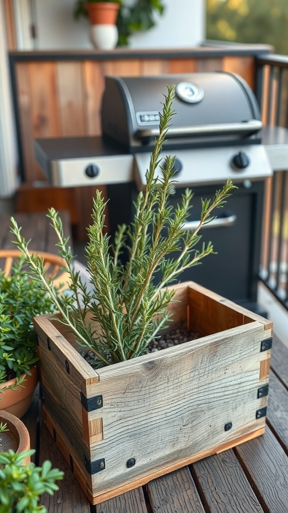 A container with rosemary growing on a wooden table near a grill.