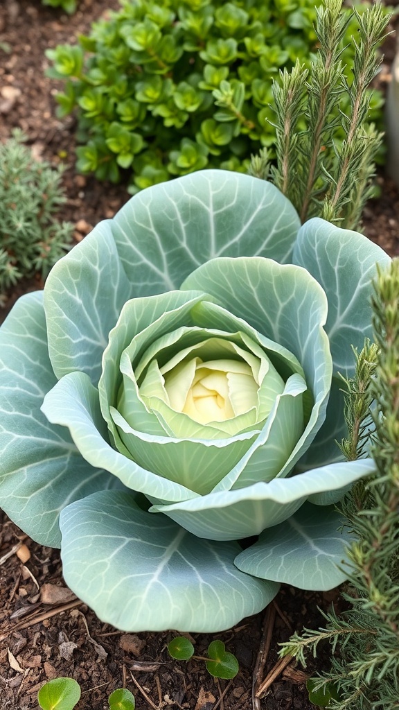A close-up of a cabbage plant surrounded by rosemary and other herbs.