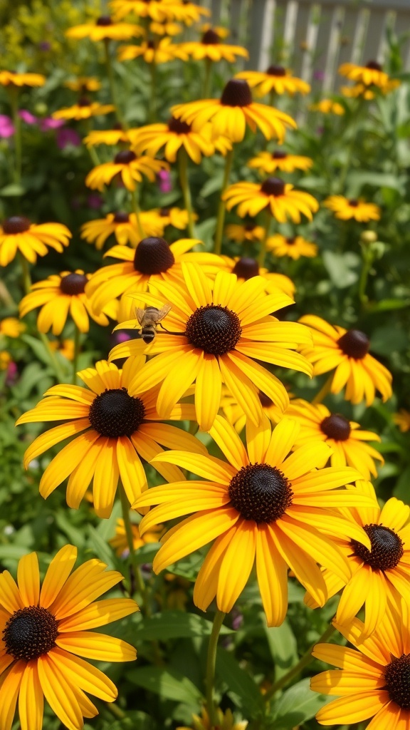 A vibrant display of Black-Eyed Susans with a bee on one of the flowers.