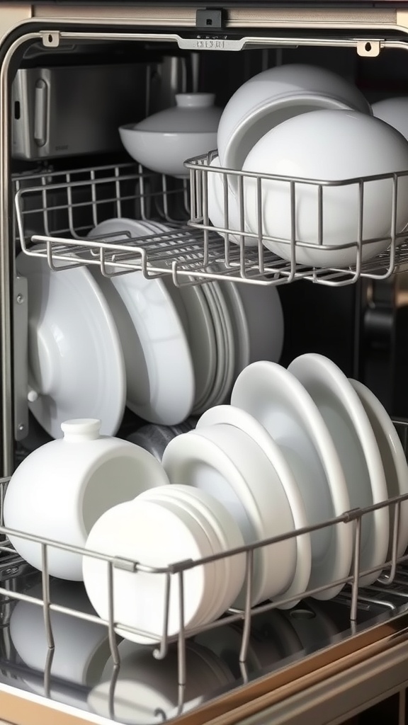 A dishwasher filled with clean white dishes and bowls.