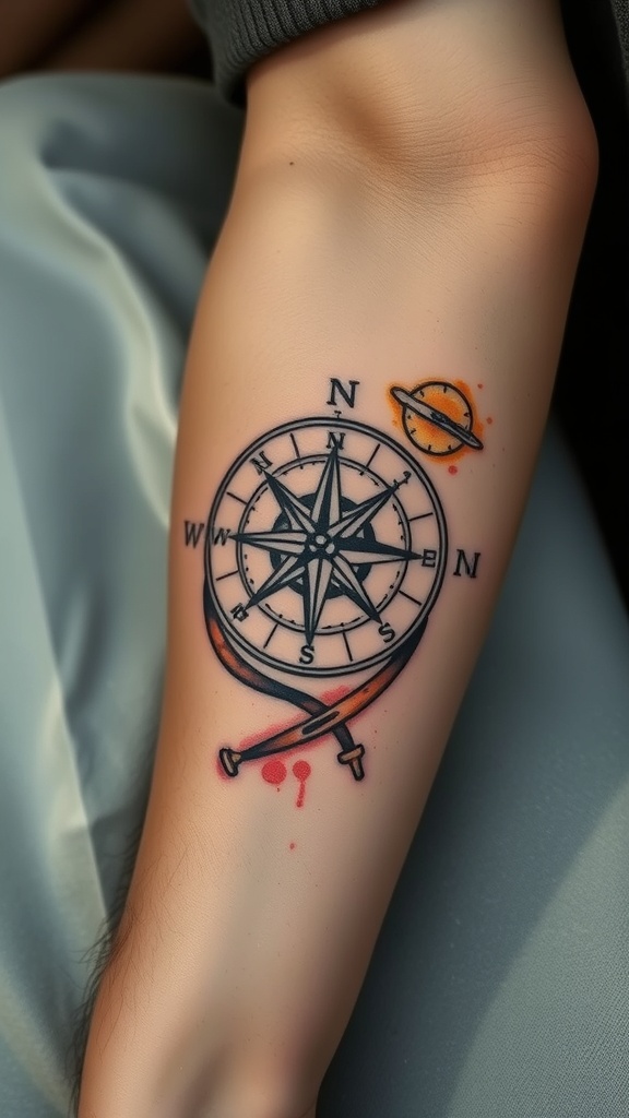 A rustic compass tattoo featuring earthy tones and a classic design.