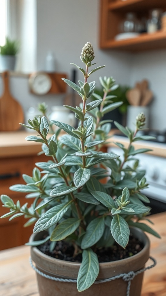 A healthy sage plant in a pot, with green leaves and budding flowers, placed on a kitchen table.