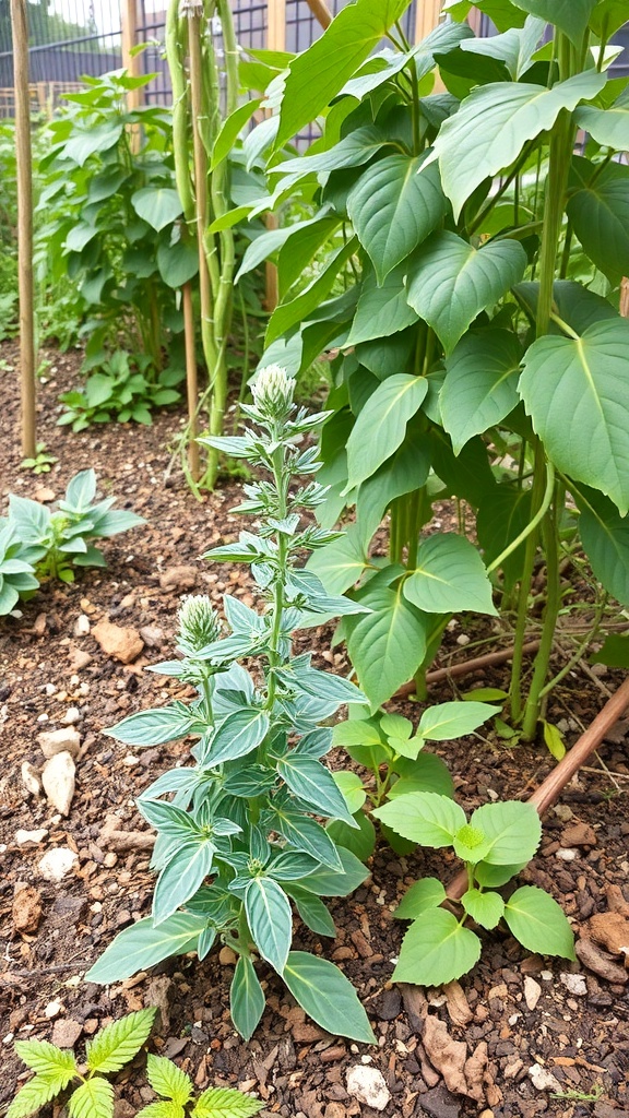 Sage plant growing alongside bean plants in a garden.