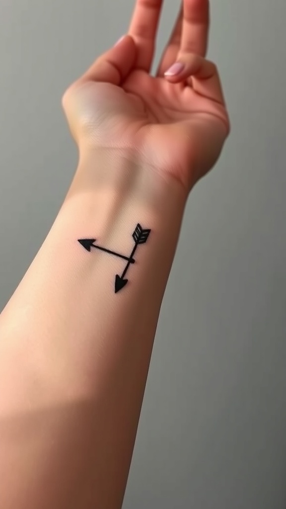 A minimalist tattoo of an arrow on the wrist, symbolizing the Sagittarius zodiac sign.