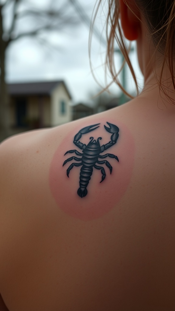 A close-up of a Scorpio tattoo on a person's shoulder.