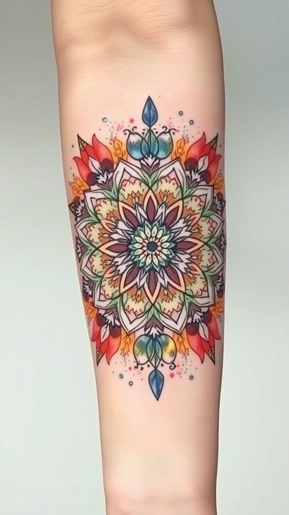 Colorful seasonal mandala tattoo on a forearm