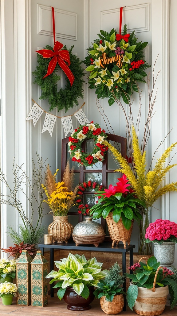 A festive display of seasonal plants and decorations, including wreaths and colorful flowers.