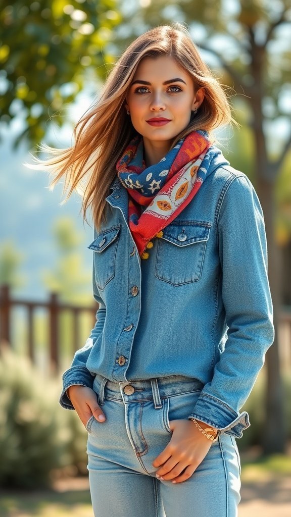A woman wearing a denim jacket with a colorful scarf outdoors.