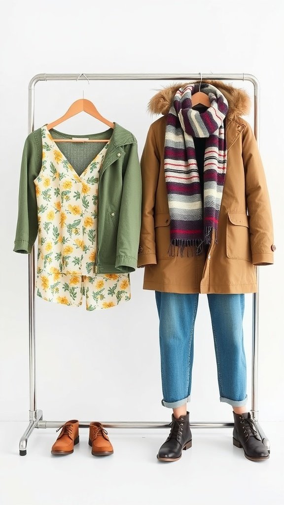 A clothing rack featuring a floral dress with a green jacket on the left and a brown coat with a striped scarf on the right, showcasing seasonal wardrobe options.