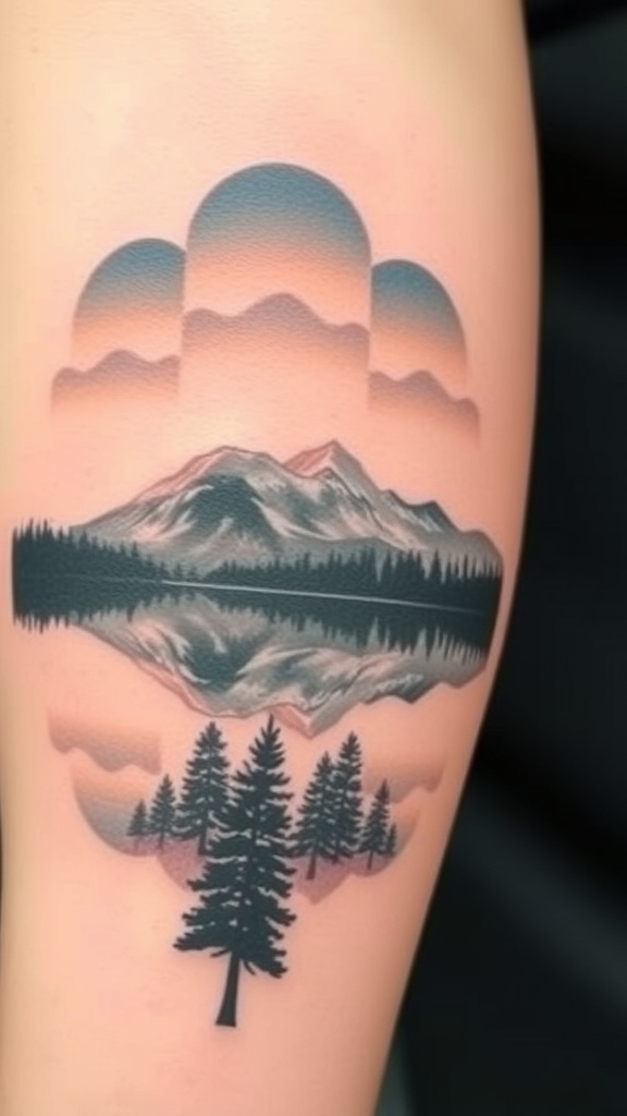 A tattoo depicting a serene lake with mountains and trees, showcasing a reflection in the water.