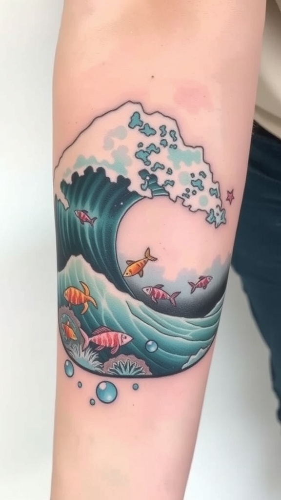 Watercolor tattoo of a tidal wave with colorful fish swimming below