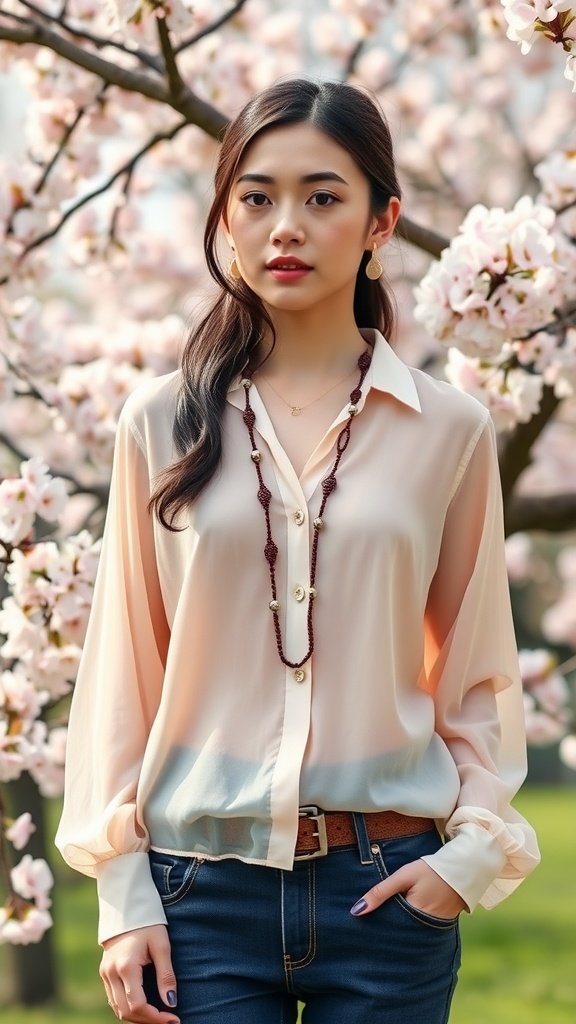 A woman wearing a sheer blouse and layered necklace standing in front of blooming flowers.