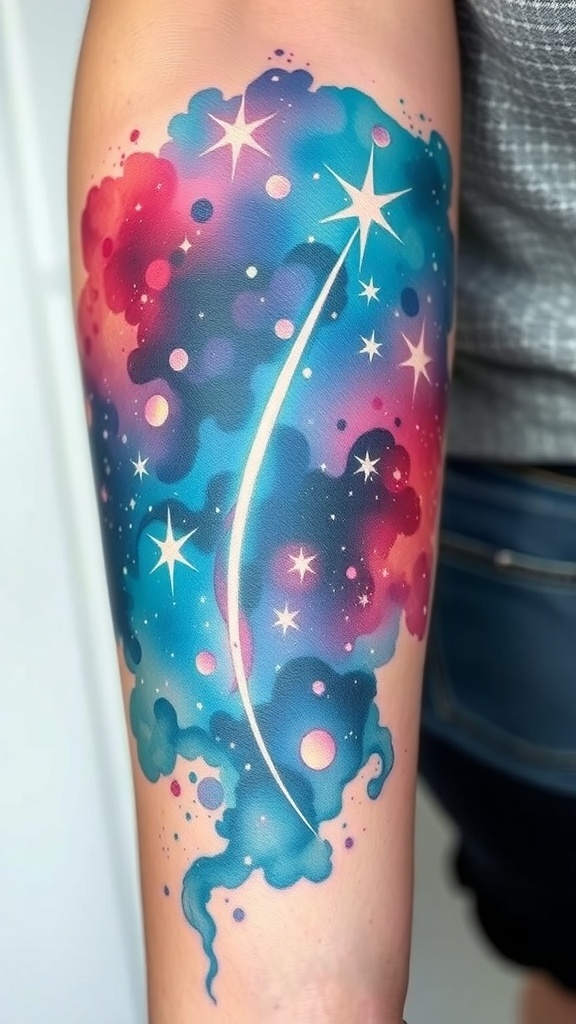 A colorful watercolor tattoo featuring shooting stars and cosmic dust.