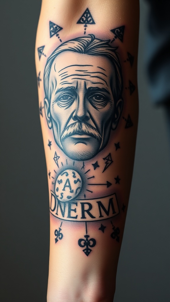 Tattoo of Sigmund Freud's portrait on a person's arm.