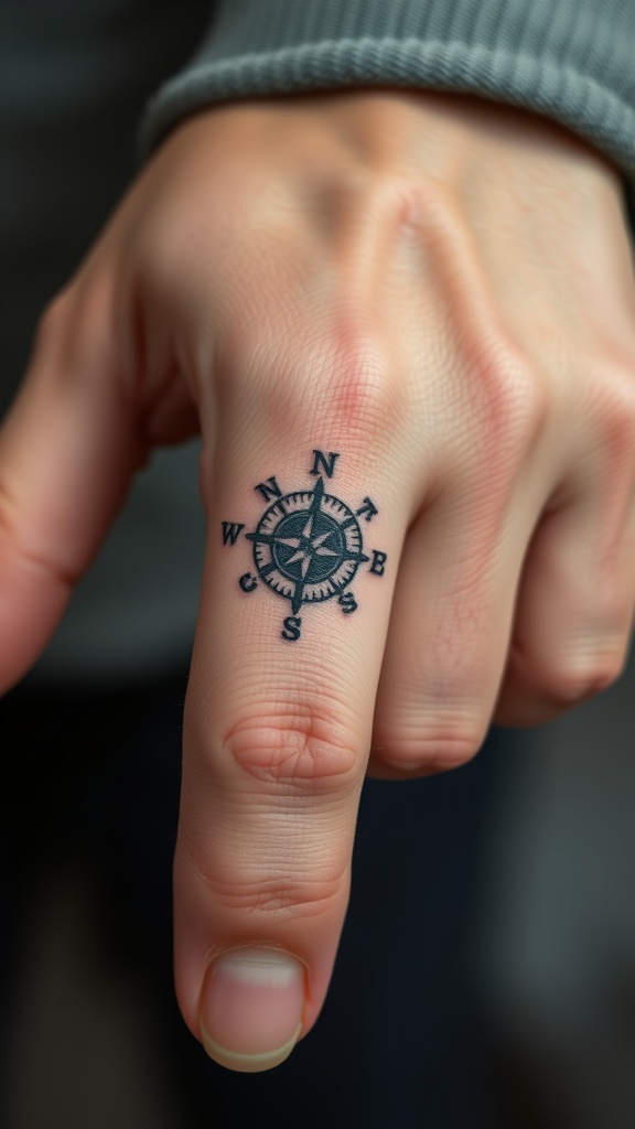 Tiny compass tattoo on a finger
