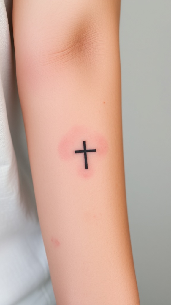A hand showing a simple cross tattoo on the finger.