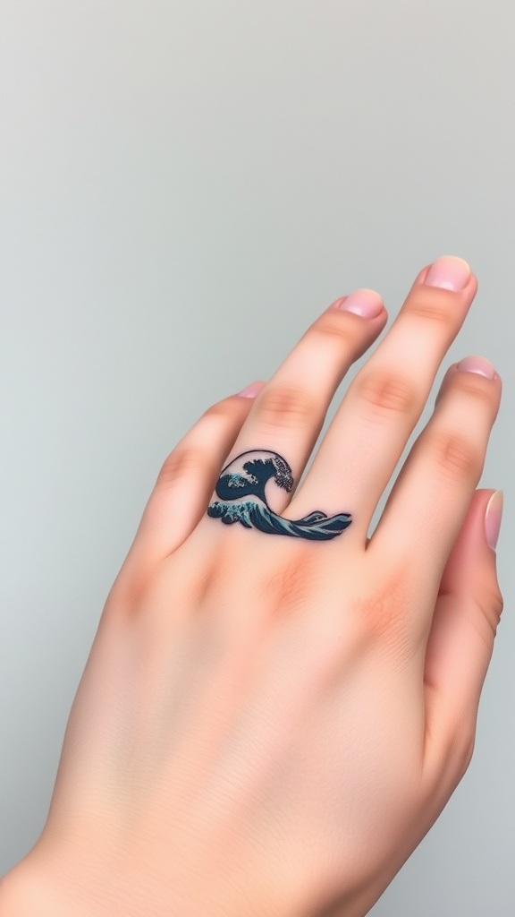 A hand with a tiny wave tattoo on the finger.