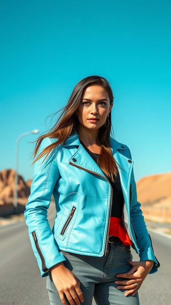 A sky blue moto jacket hanging on a hook, with cherry blossom trees in the background.