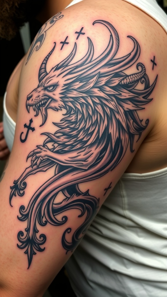 Tattoo of a Slavic mythological beast on a person's shoulder.