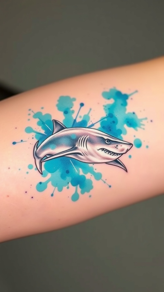 Watercolor tattoo of a shark swimming in turquoise waters.