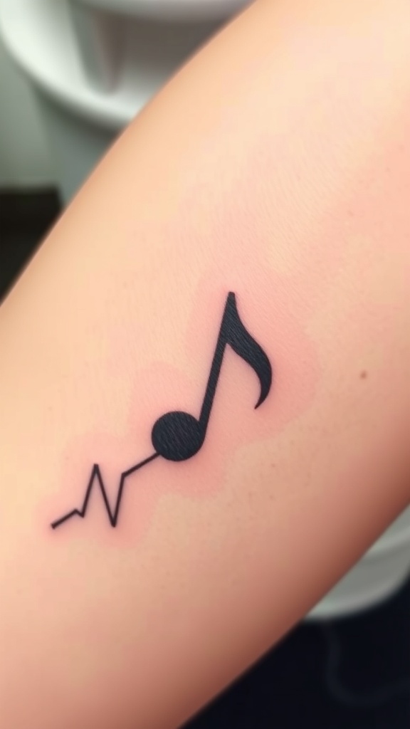 A small tattoo featuring a music note and a heartbeat line.
