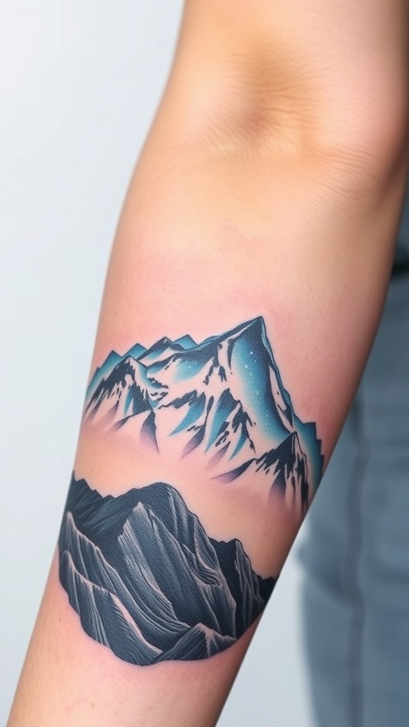 A hyper-realistic tattoo of snow-capped mountains on a person's arm.