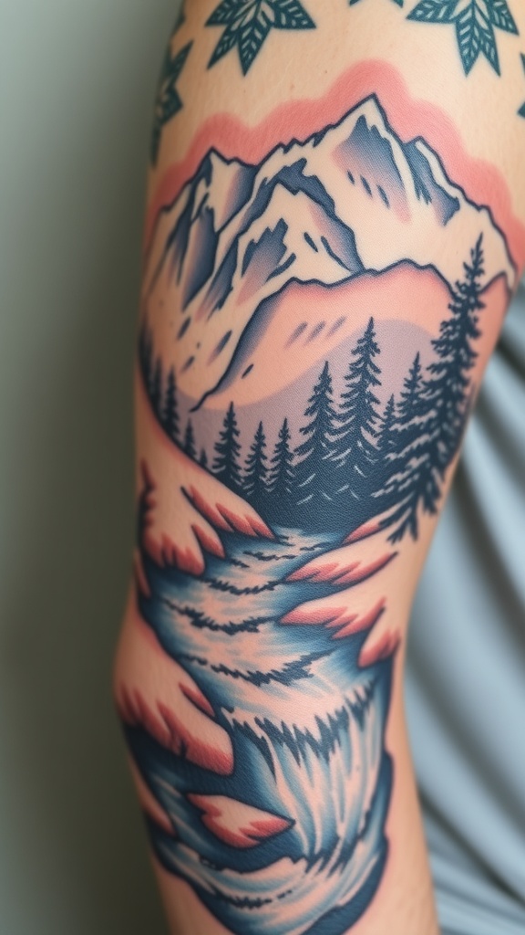 A tattoo featuring a snowy mountain landscape with a flowing river and pine trees.