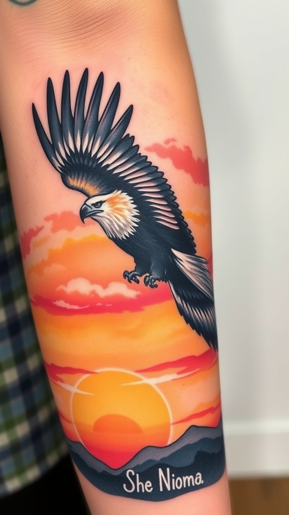 A tattoo of an eagle flying against a colorful sunset with the words 'She Nioma.'