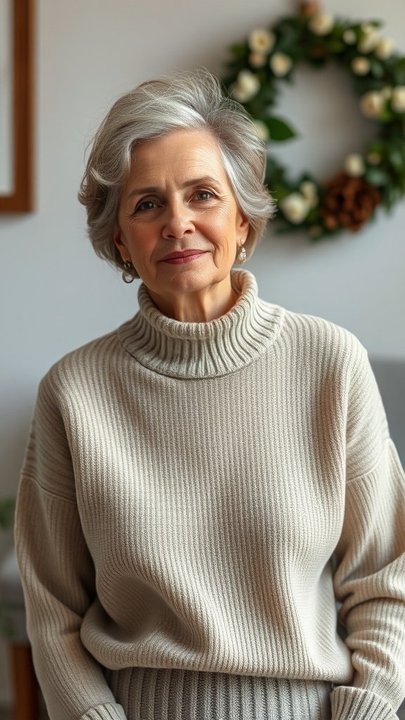 A woman in a cozy setting wearing a soft cashmere sweater, holding a cup of tea.