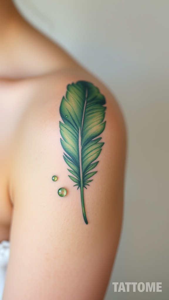 A soft green feather tattoo with water drops on a person's shoulder.