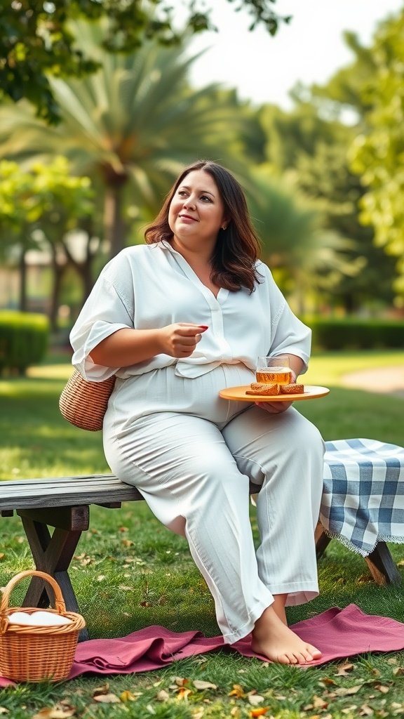 A woman sitting on a bench in a park, wearing soft linen trousers and a breezy blouse, enjoying a snack.