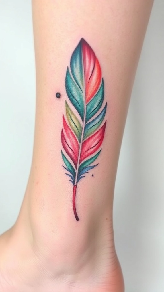 A colorful watercolor feather tattoo on an ankle.