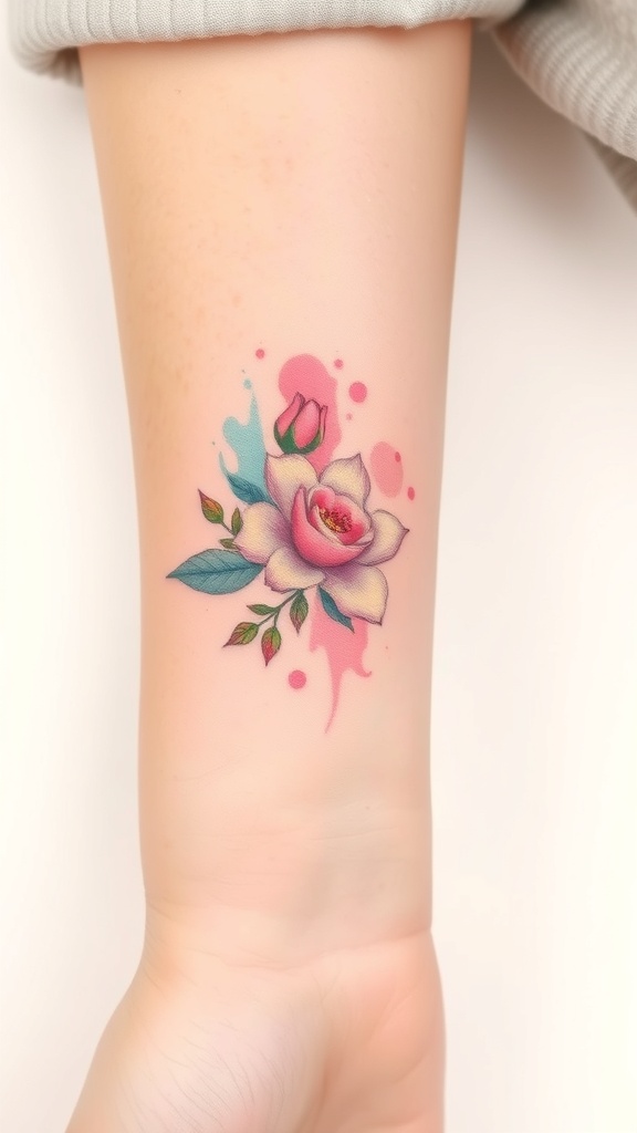A soft pastel floral tattoo featuring a pink rose and watercolor splashes.