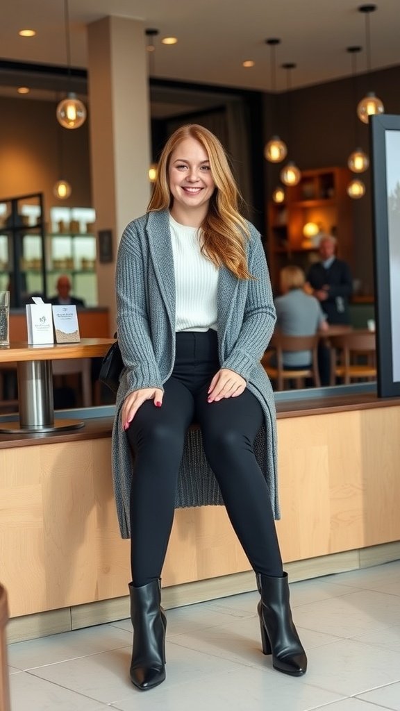 A woman sitting in a cafe wearing solid black leggings, a long gray cardigan, and ankle boots.