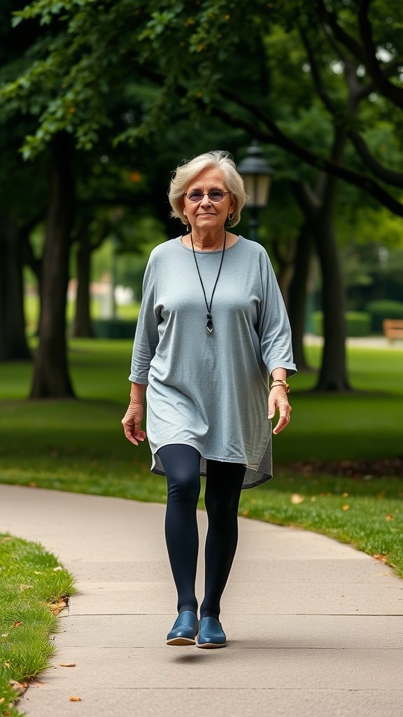 A stylish senior woman wearing a light blue tunic and navy leggings, walking on a path in a park.