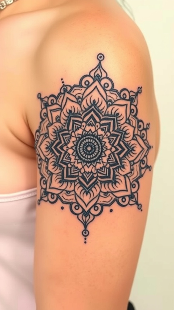 A detailed Spiral Blossom Mandala tattoo on the upper arm.