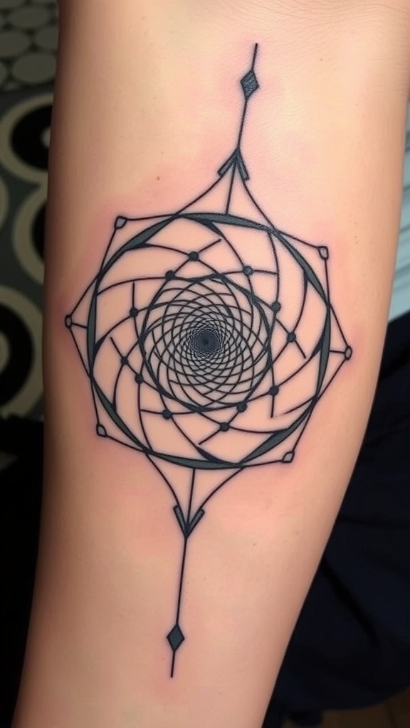 A spiral geometric tattoo on a person's back, showcasing intricate patterns.
