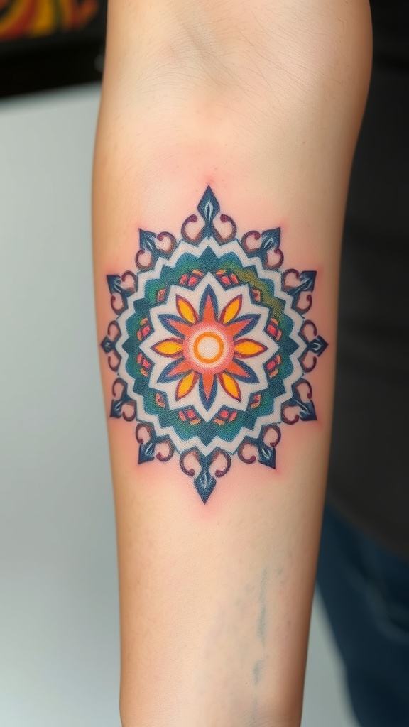 Colorful spiritual mandala tattoo on an arm